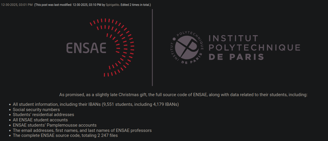 Cyberattaques : les universités françaises frappées par une vague de fuites de données fin 2025 4 ensae