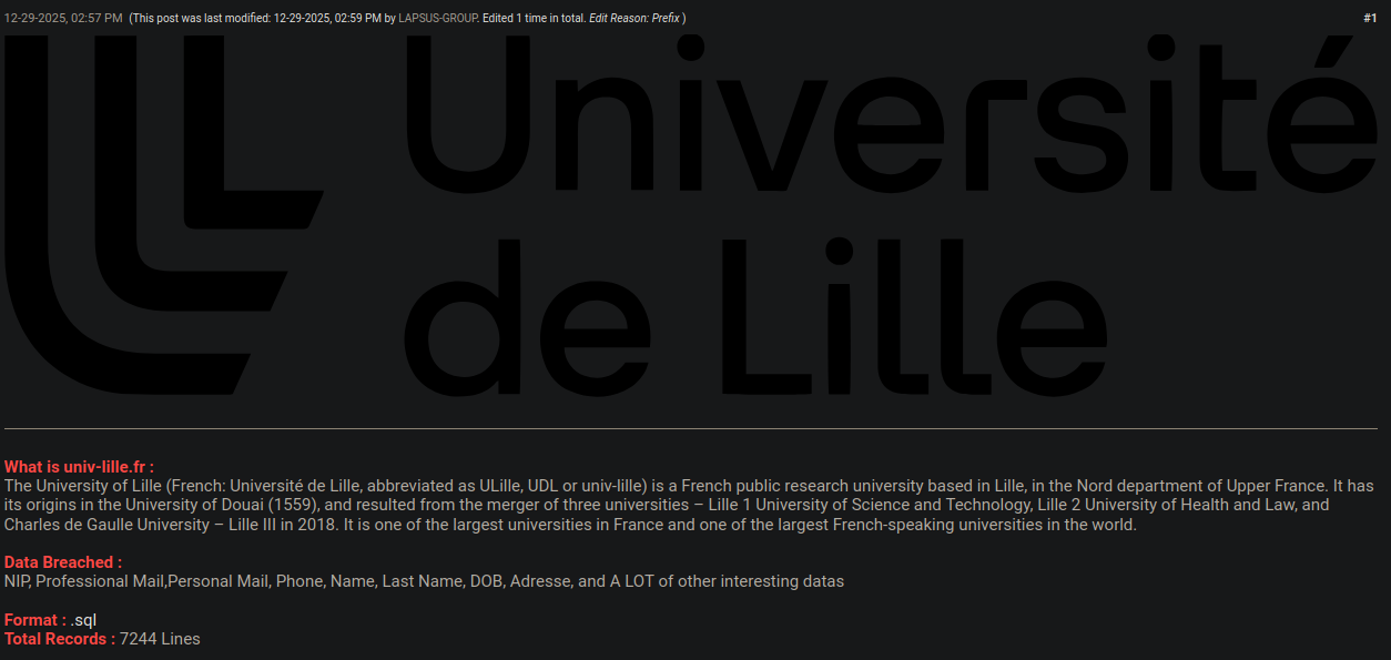 Cyberattaques : les universités françaises frappées par une vague de fuites de données fin 2025 2 universite lille